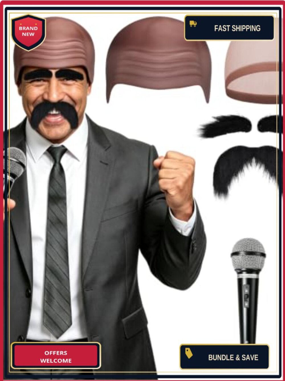 Adult Speaker Costume 6Pc Set Latex Bald Cap Mustache Tie Mic Prop